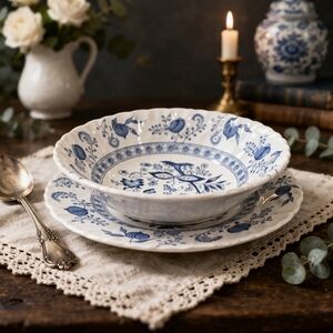 Vintage Blue Northern Bowl & Plate Set J&G Meakin Blue & White Cottage Core